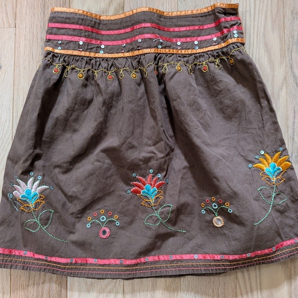 Palomino Kids Brown Floral Embroidered Sequin Mirror Skirt Girls Sz 122 US 6X-7